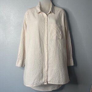 Anthropologie Women Striped Long Sleeve Button Down Shirt Tunic Pink/White SZ M